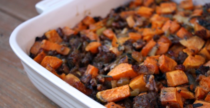 Bread, grain-free paleo stuffing with sweet potatoes